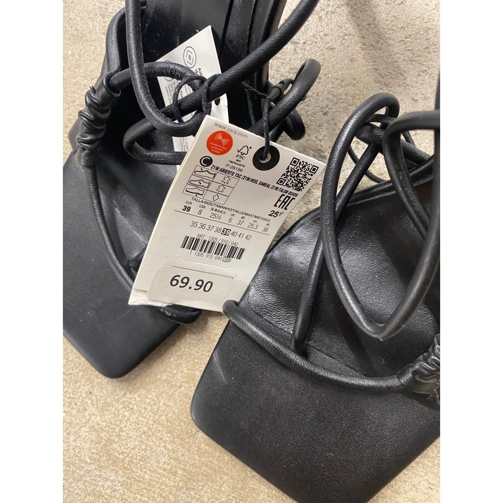 Zara Strappy Heeled Sandals Womens 39 US 8 Black Leather Square Toe Stiletto New - Picture 5 of 8